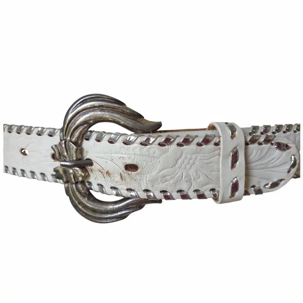 Western Tooled Leather Belt Size L Metallic Silver Braid with Flower Hardware